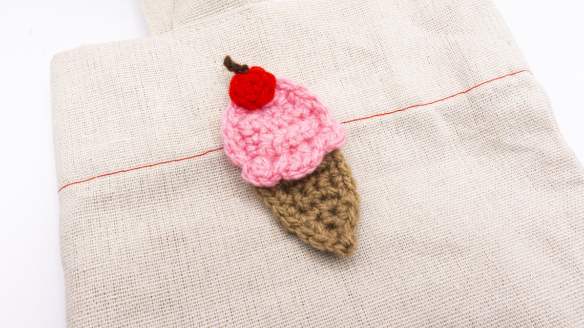 Crochet Ice Cream Cone Pin on Bag