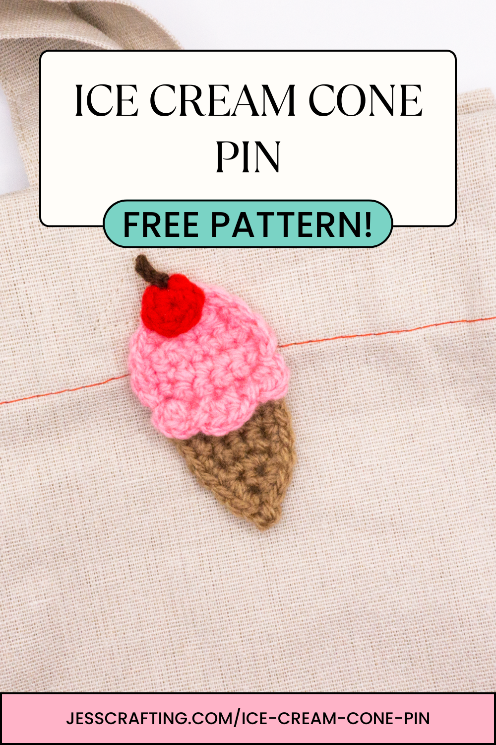 Crochet Ice Cream Cone Pin on Bag